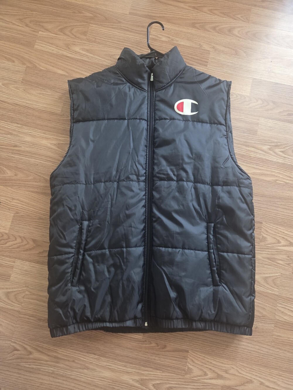 Champion Black Quilted Vest with Red & White Logo